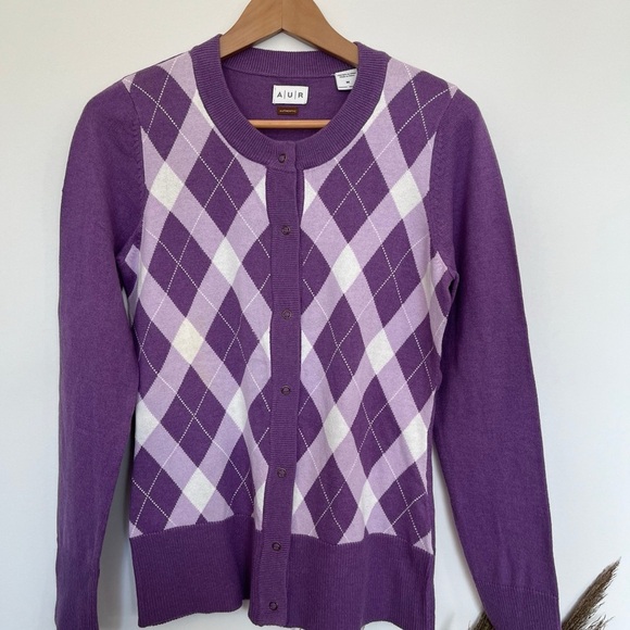 Purple Argyle Preppy Cardigan Sweater Size Medium - Picture 2 of 5
